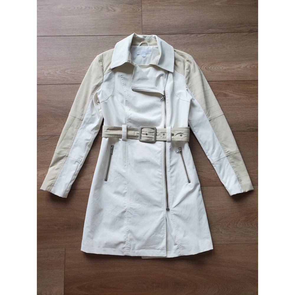 New York & Company White Tan Colorblock Trench Coat Belted Asymmetric Zip M